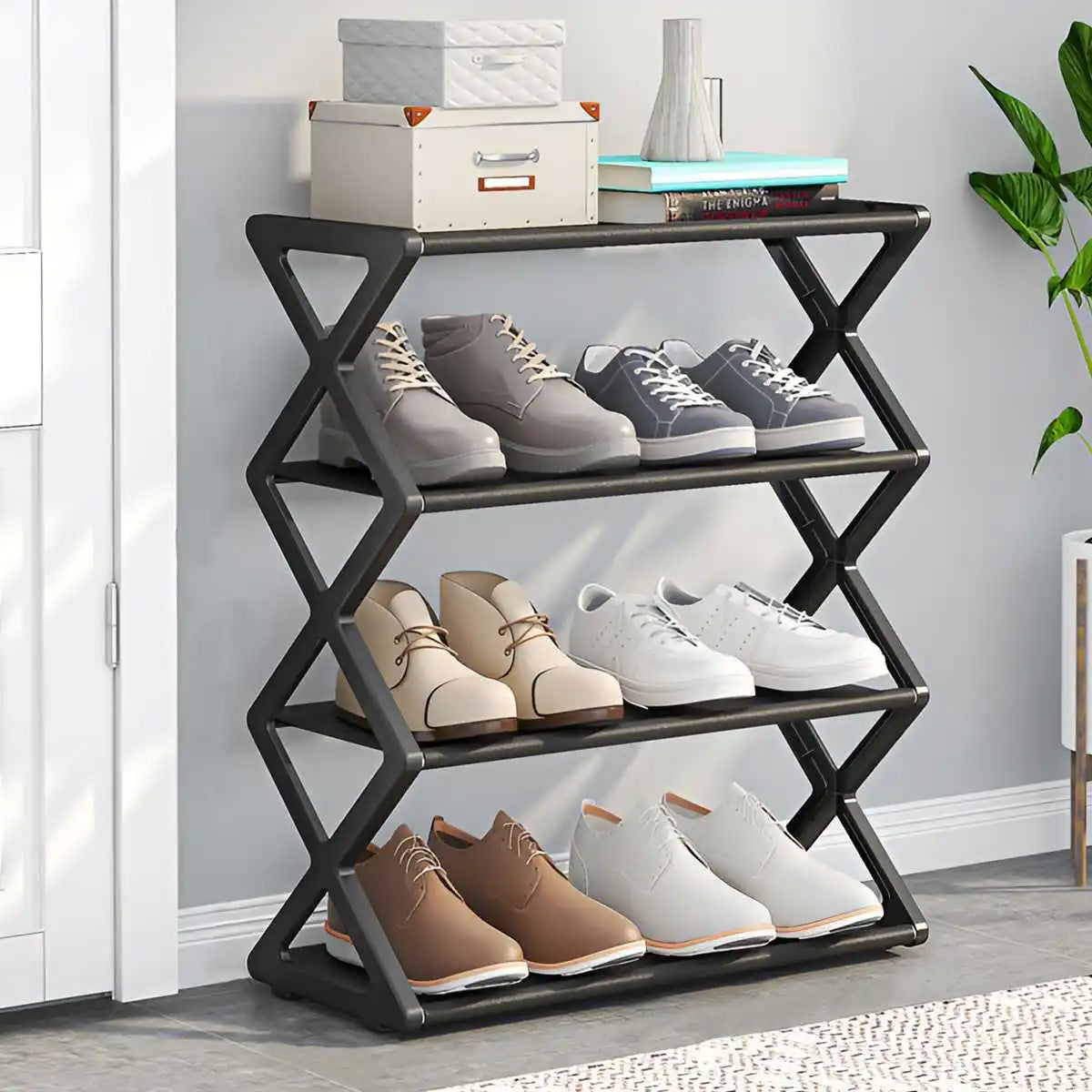 Four-Tier X-Shaped Metal Shoe Storage Rack